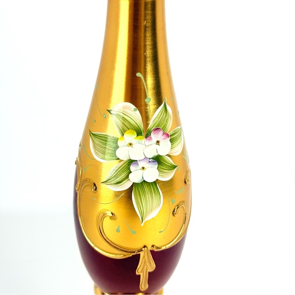 VTG Murano Venetian Ruby Glass & 24K Gold Paint 11” Hand Painted Floral Bud Vase - Picture 4 of 16